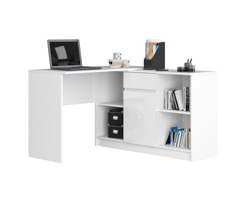 Ensemble D' Angle, Bureau B17 Avec Commode Blanc 120 Cm Façade Blanche Brillante