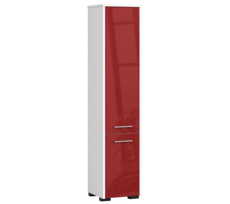 Colonne Salle De Bains Fin Blanche 30 Cm 2 Portes Façade Rouge Brillante 5 Étagères 30x30x140 Cm