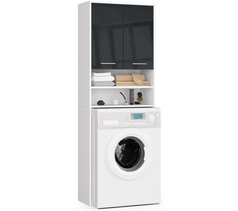 Colonne Salle De Bains Fin Blanche 64 Cm 2 Portes Façade Graphite Brillant 4 Étagères 64x30x180 Cm