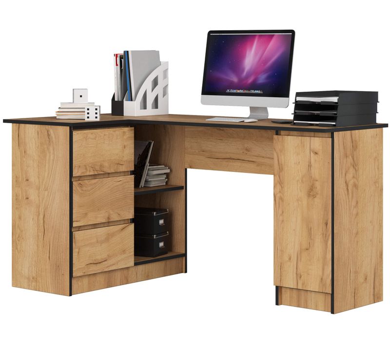 Grand Bureau D'angle Akord Gauche B20 Chêne Craft 155 Cm 1 Porte 3 Tiroirs Façade Chêne Craft