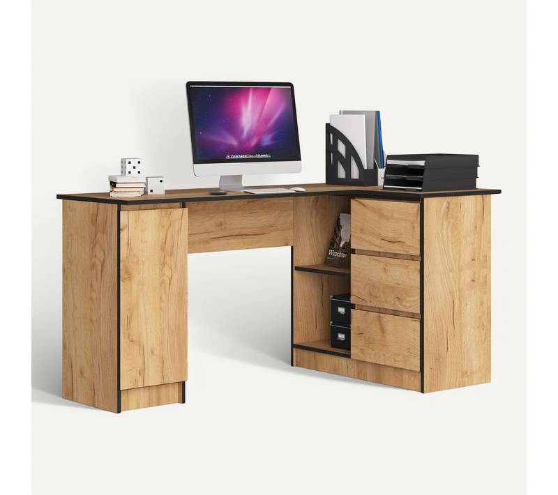 Bureau Akord D'angle Droit B20 Chêne Craft 155 Cm 1 Porte 3 Tiroirs Façade Chêne Craft