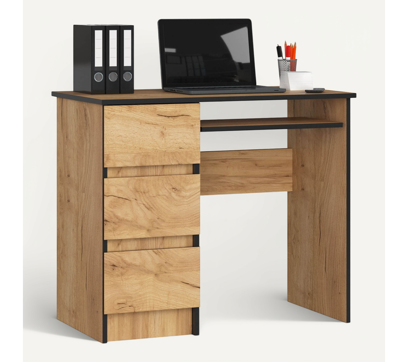 Bureau D'ordinateur Gauche A6 Chêne Craft 90 Cm 3 Tiroirs Façade Chêne Craft 1 Étagère 90x50x77