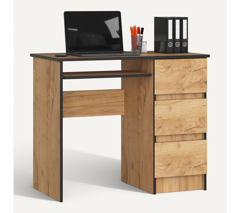 Bureau D'ordinateur Droit A6 Chêne Craft 90 Cm 3 Tiroirs Façade Chêne Craft 1 Étagère 90x50x77