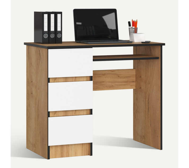 Bureau D'ordinateur Gauche A6 Chêne Craft 90 Cm 3 Tiroirs Façade Blanche 1 Étagère 90x50x77 Cm