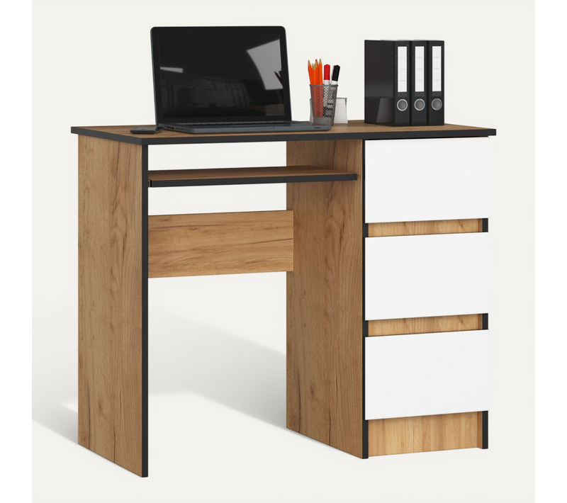 Bureau D'ordinateur Droit A6 Chêne Craft 90 Cm 3 Tiroirs Façade Blanche 1 Étagère 90x50x77 Cm