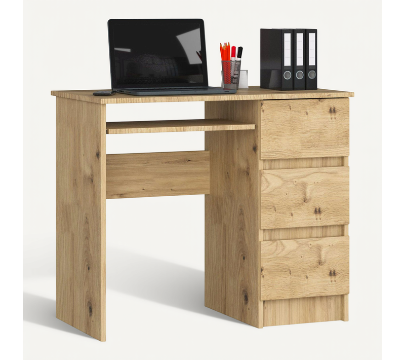 Bureau D'ordinateur Droit A6 Chêne Artisan 90 Cm 3 Tiroirs Façade Chêne Artisan 1 Étagère