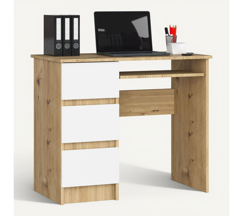 Bureau D'ordinateur Gauche A6 Chêne Artisan 90 Cm 3 Tiroirs Façade Blanche 1 Étagère 90x50x77