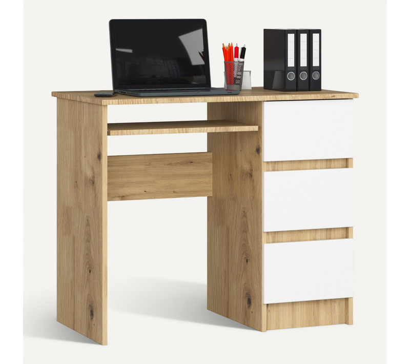 Bureau D'ordinateur Droit A6 Chêne Artisan 90 Cm 3 Tiroirs Façade Blanche 1 Étagère 90x50x77