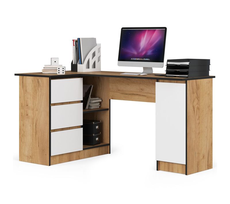 Grand Bureau D'angle Akord Gauche B20 Chêne Craft 155 Cm 1 Porte 3 Tiroirs Façade Blanche