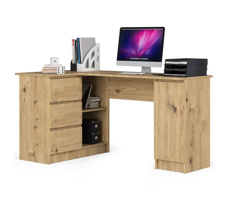 Grand Bureau D'angle Gauche B20 Chêne Artisan 155 Cm 1 Porte 3 Tiroirs Façade Chêne Artisan