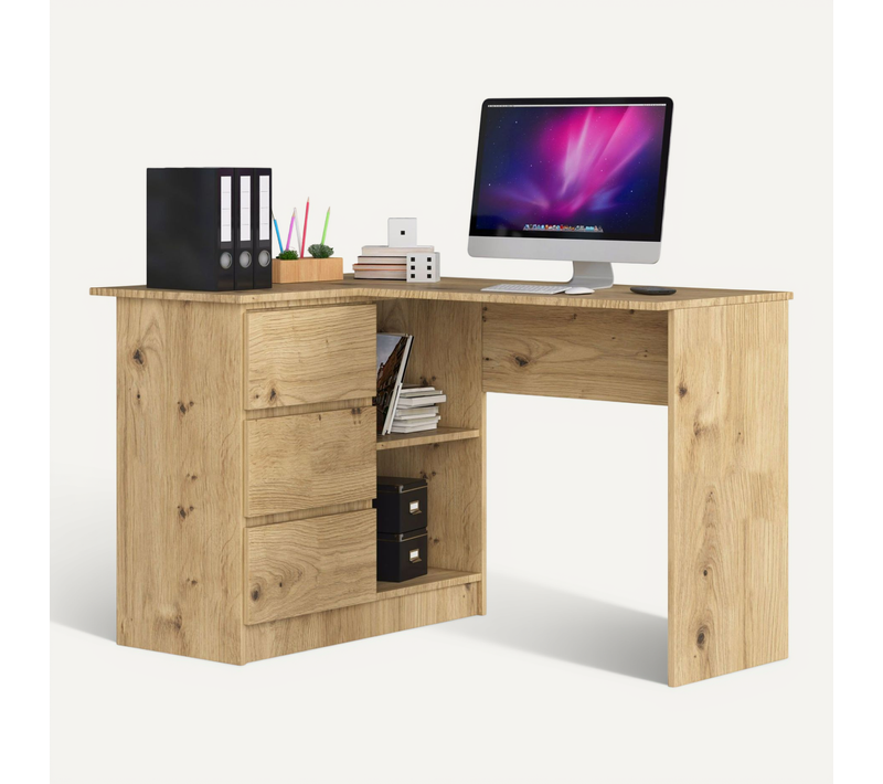 Bureau D'angle Gauche B16 Chêne Artisan 124 Cm 3 Tiroirs Façade Chêne Artisan 2 Étagères