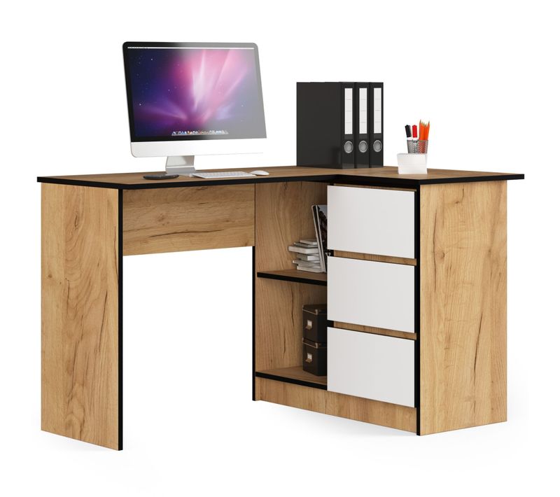 Bureau D'angle Droit B16 Chêne Craft 124 Cm 3 Tiroirs Façade Blanche 2 Étagères 124x85x77 Cm