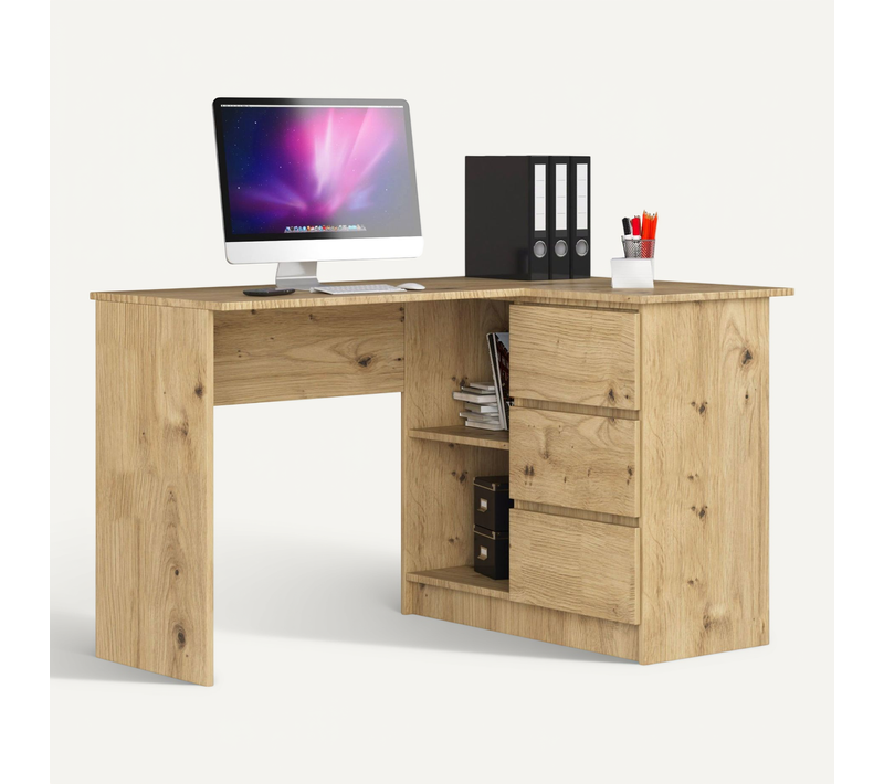 Bureau D'angle Droit B16 Chêne Artisan 124 Cm 3 Tiroirs Façade Artisan 2 Étagères 124x85x77