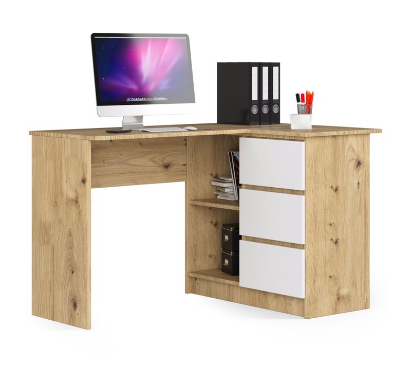 Bureau D'angle Droit B16 Chêne Artisan 124 Cm 3 Tiroirs Façade Blanche 2 Étagères 124x85x77 Cm
