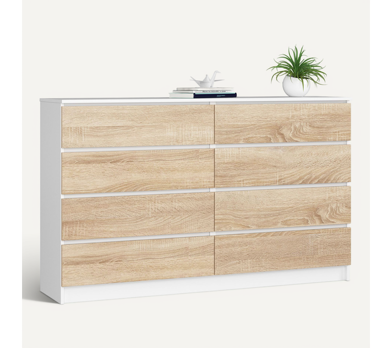 Grande Commode Pour Le Salon K160 Blanche 160 Cm 8 Tiroirs Façade Chêne Sonoma 160x40x99 Cm