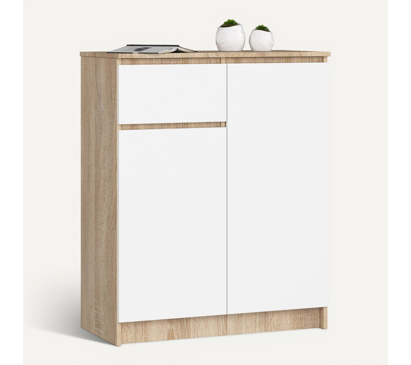 Commode Akord K80 Chêne Sonoma 80 Cm 2 Portes 1 Tiroir Façade Blanche 4 étagères 80x40x99 Cm