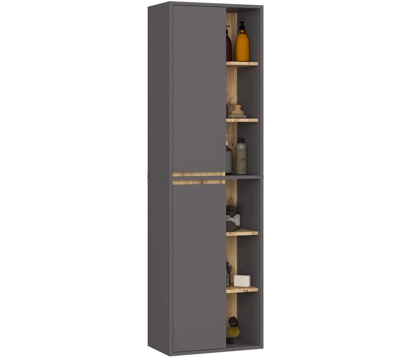 Colonne Salle De Bains Vami Suspendu Gris Graphite, Chêne Artisan 2 Portes 10 Étagères 50x30x170 Cm