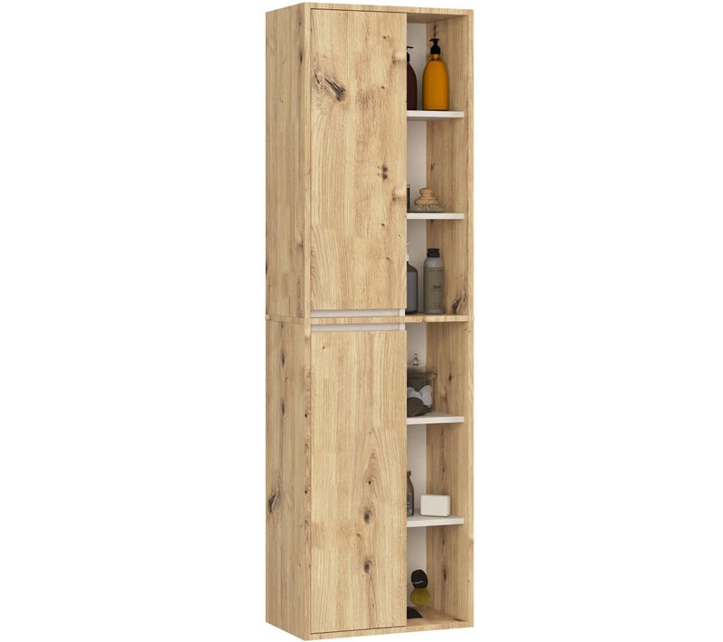 Colonne Salle De Bains Vami Suspendu Chêne Artisan 2 Portes Façade Cachmire 10 Étagères 50x30x170 Cm