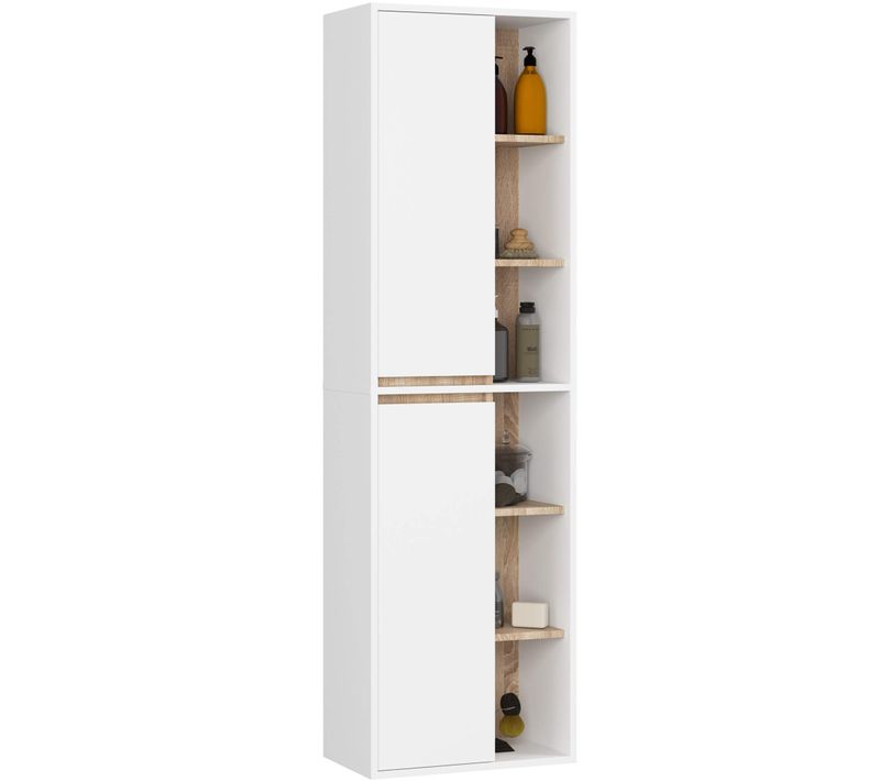 Colonne Salle De Bains Vami Suspendu Blanche 2 Portes Façade Chêne Sonoma 10 Étagères 50x30x170 Cm