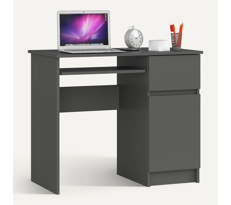Bureau D'ordinateur Akord Droit Piksel Gris Graphite 90 Cm 1 Porte 1 Tiroir 3 étagères 90x50x77 Cm