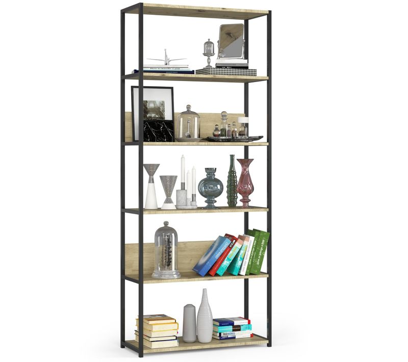 Étagère Murale Industrielle Sur Pied Noire 80 Cm Façade Chêne Artisan 6 Étagères 80x32x192 Cm