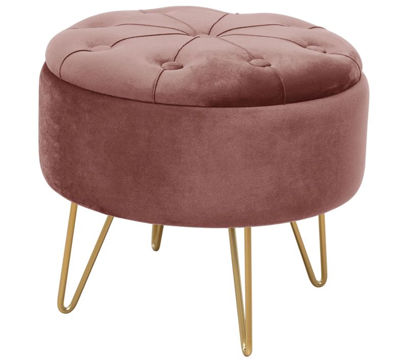Pouf De Rangement Avec Couvercle Matelassé Caro Velour Colour Rose Hauteur 33 Cm