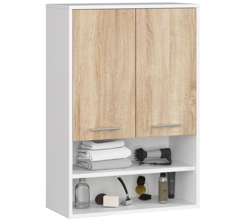 Armoire Salle De Bains Suspendue Fin Blanche 64 Cm 2 Portes Façade Chêne Sonoma 64x30x94 Cm