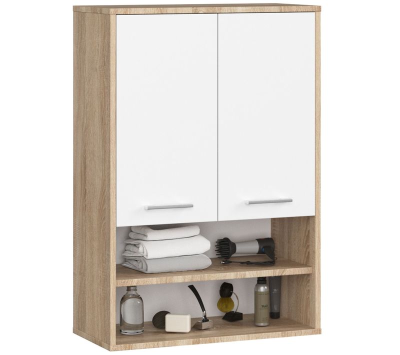 Armoire Salle De Bains Suspendue Fin Chêne Sonoma 64 Cm 2 Portes Façade Blanche 64x30x94 Cm