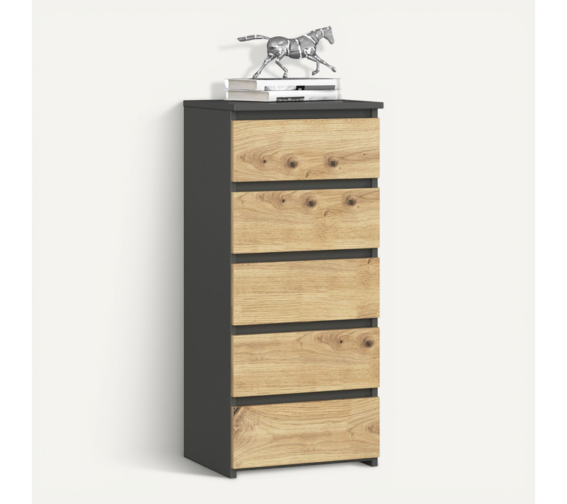 Commode Cl5 Gris Graphite 40 Cm 5 Tiroirs Façade Chêne Artisan 40x35x92 Cm