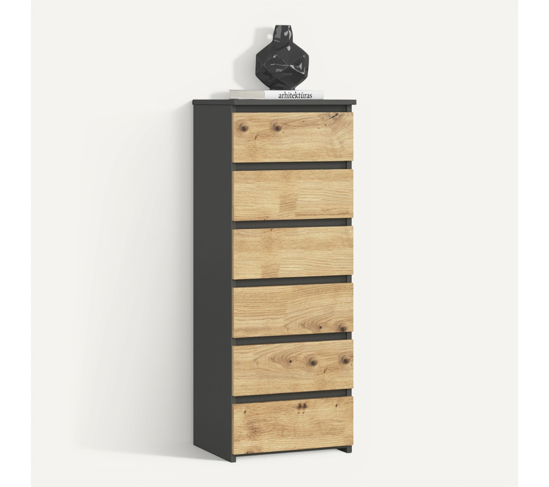 Commode Cl6 Gris Graphite 40 Cm 6 Tiroirs Façade Chêne Artisan 40x35x109 Cm