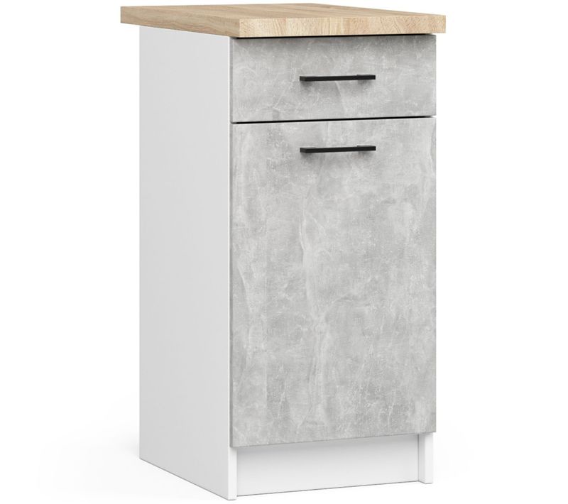 Meuble De Cuisine Bas S40 Oliwia Modulable Blanc 40 Cm 1 Porte 1 Tiroir Façade Béton 2 Étagères