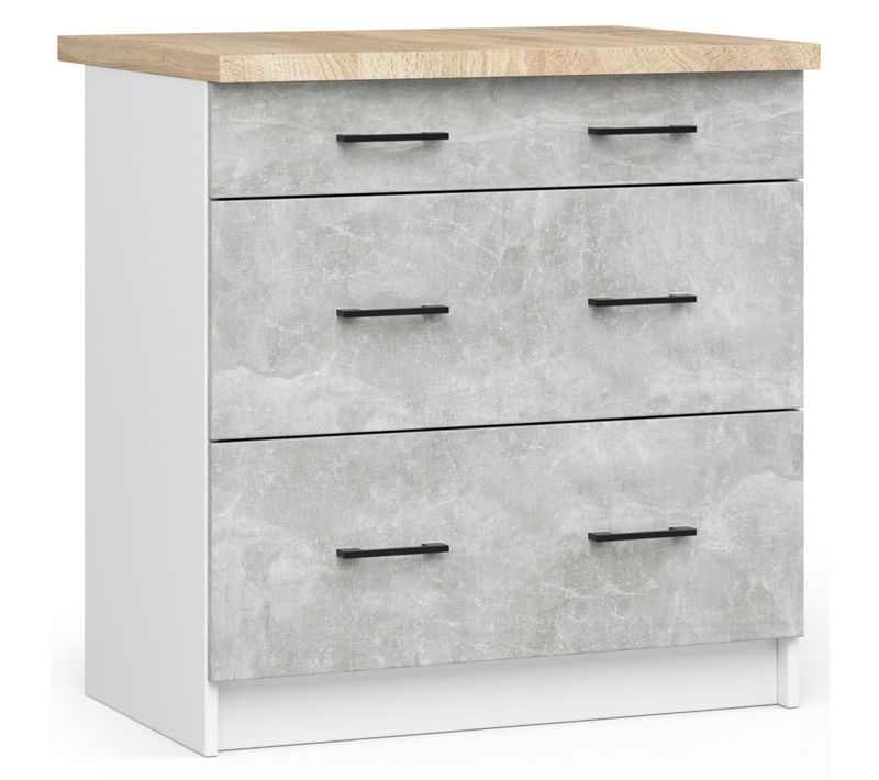 Meuble De Cuisine Bas S80 Oliwia Modulable Blanc 80 Cm 3 Tiroirs Façade Béton 80x46x85 Cm