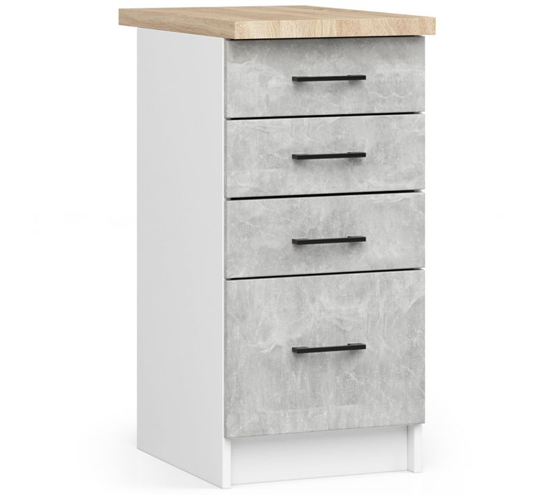 Meuble De Cuisine Bas S40 Oliwia Modulable Blanc 40 Cm 4 Tiroirs Façade Béton 40x46x85 Cm