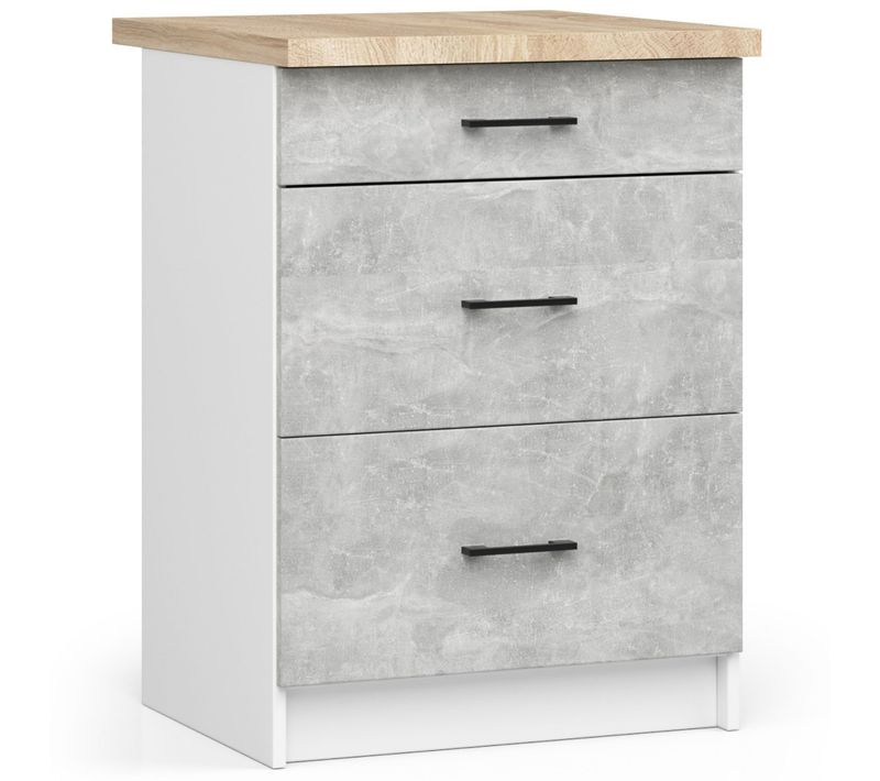 Meuble De Cuisine Bas S60 Oliwia Modulable Blanc 60 Cm 3 Tiroirs Façade Béton 60x46x85 Cm