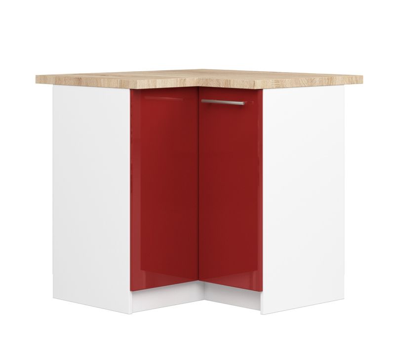 Meuble De Cuisine Bas S90 D'angle Oliwia Blanc 90 Cm 2 Portes Façade Rouge Brillante 2 Étagères