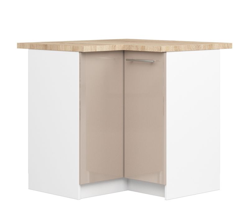 Meuble De Cuisine Bas S90 D'angle Oliwia Blanc 90 Cm 2 Portes Façade Cappuccino Brillant 2 Étagères