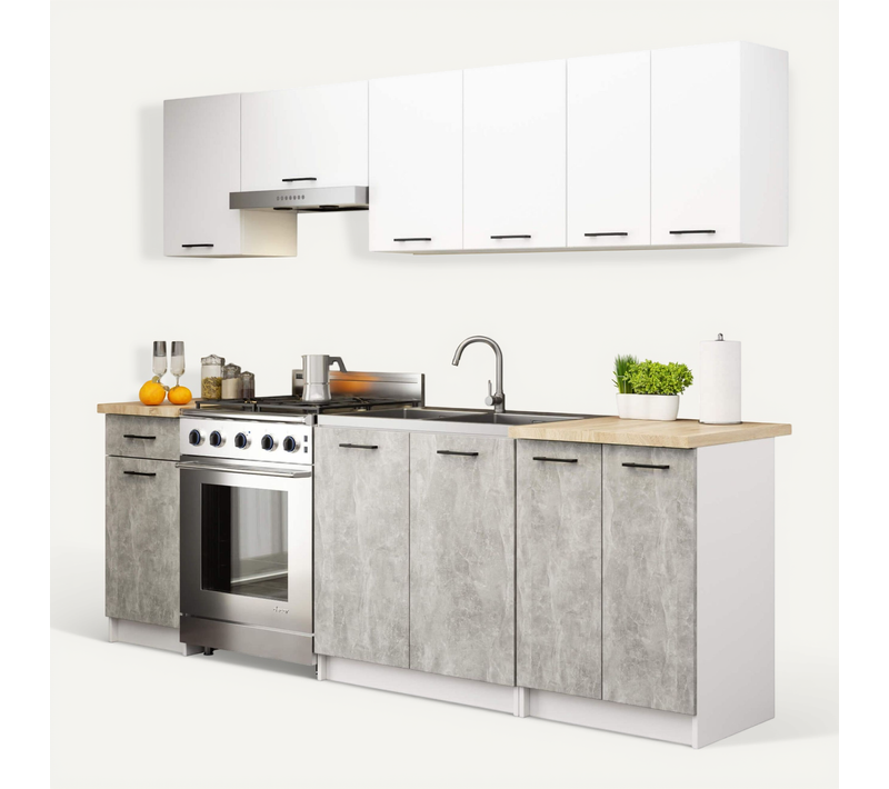 Ensemble De Cuisine Oliwia Blanc 240 Cm 11 Portes 1 Tiroir Façade Béton 240x46x203 Cm