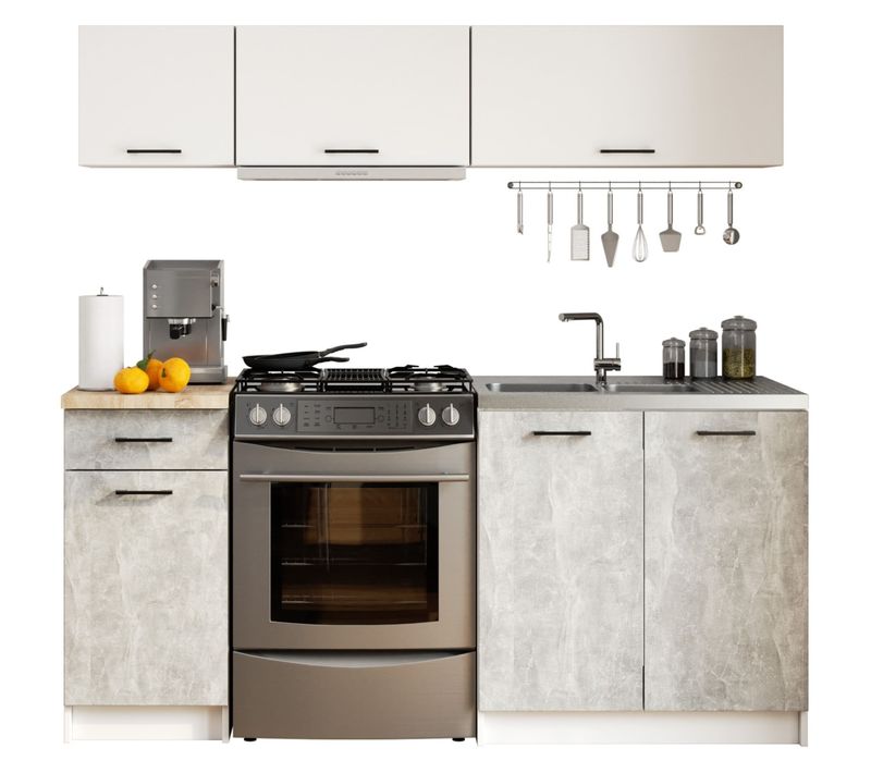 Ensemble De Cuisine Oliwia G1 Blanc 180 Cm 6 Portes 1 Tiroir Façade Béton 6 Étagères 180x46x174 Cm