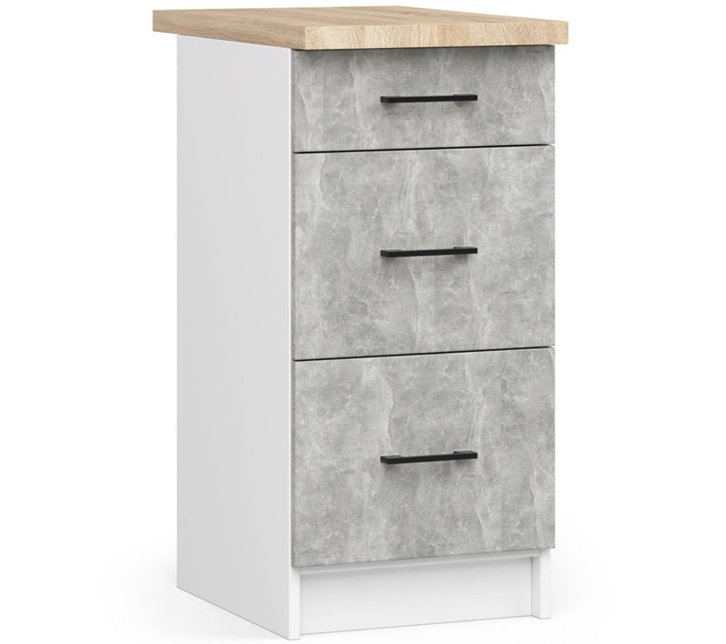 Armoires De Cuisine Basse S40 Oliwia Blanc 40 Cm 3 Tiroirs Façade Béton 40x46x85 Cm