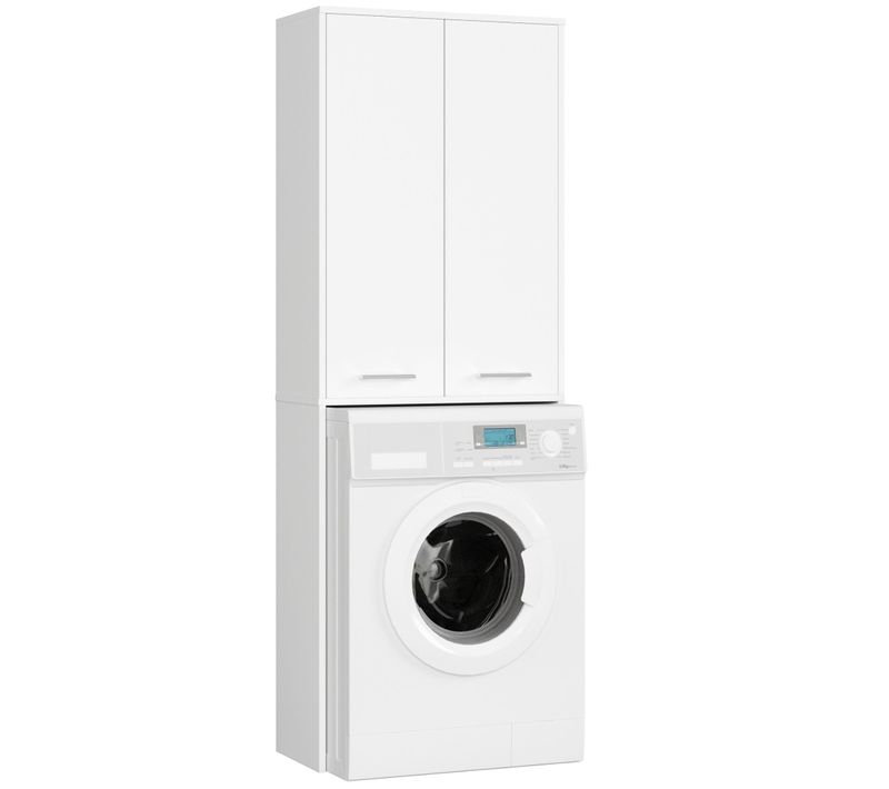 Meuble Pour Machine à Laver Blanche 64 Cm 2 Portes Façade Blanche 4 Étagères 64x30x180 Cm