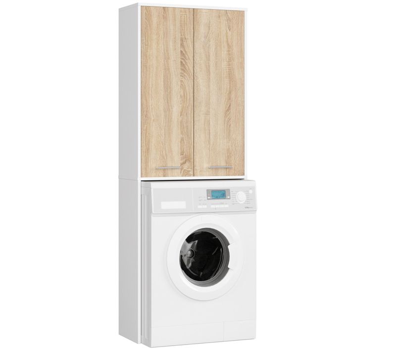 Meuble Pour Machine à Laver Blanche 64 Cm 2 Portes Façade Chêne Sonoma 4 Étagères 64x30x180 Cm