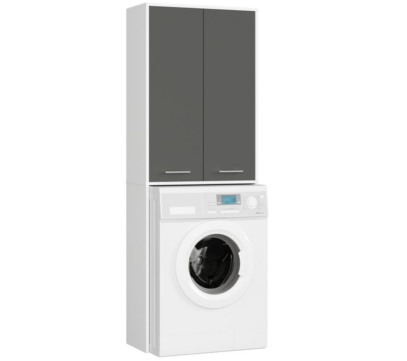 Meuble Pour Machine à Laver Fin Blanche 64 Cm 2 Portes Façade Gris Graphite 4 Étagères 64x30x180 Cm