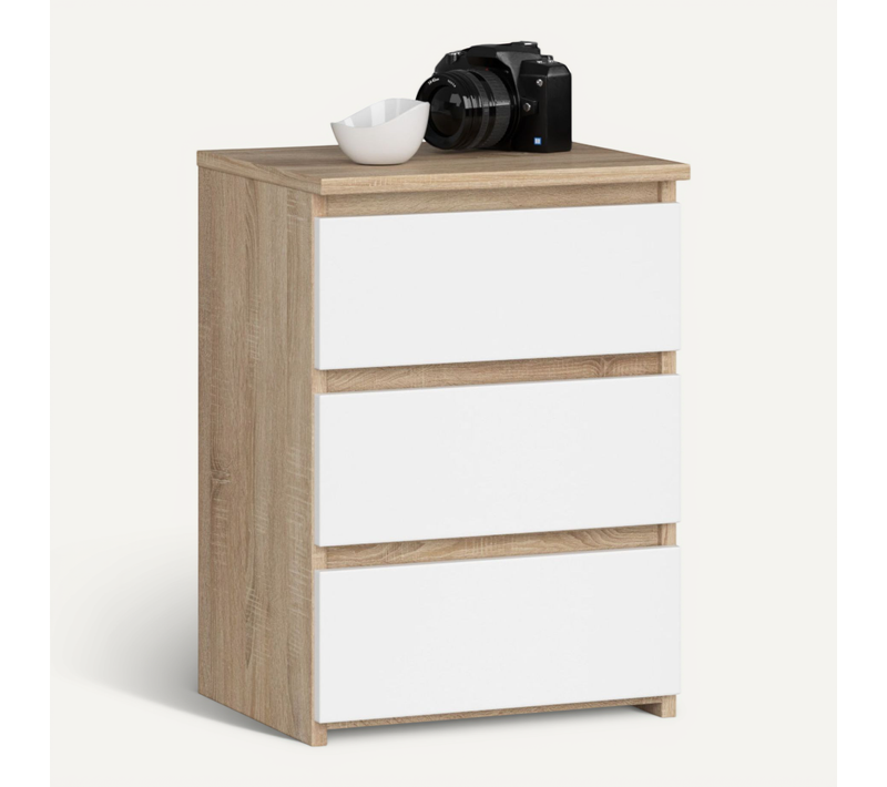 Table De Chevet Cl3 Chêne Sonoma 40 Cm 3 Tiroirs Façade Blanche 40x35x57 Cm