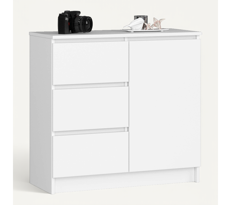 Commode Jerry Blanche 80 Cm 1 Porte 3 Tiroirs Façade Blanche 2 étagères 80x35x77 Cm