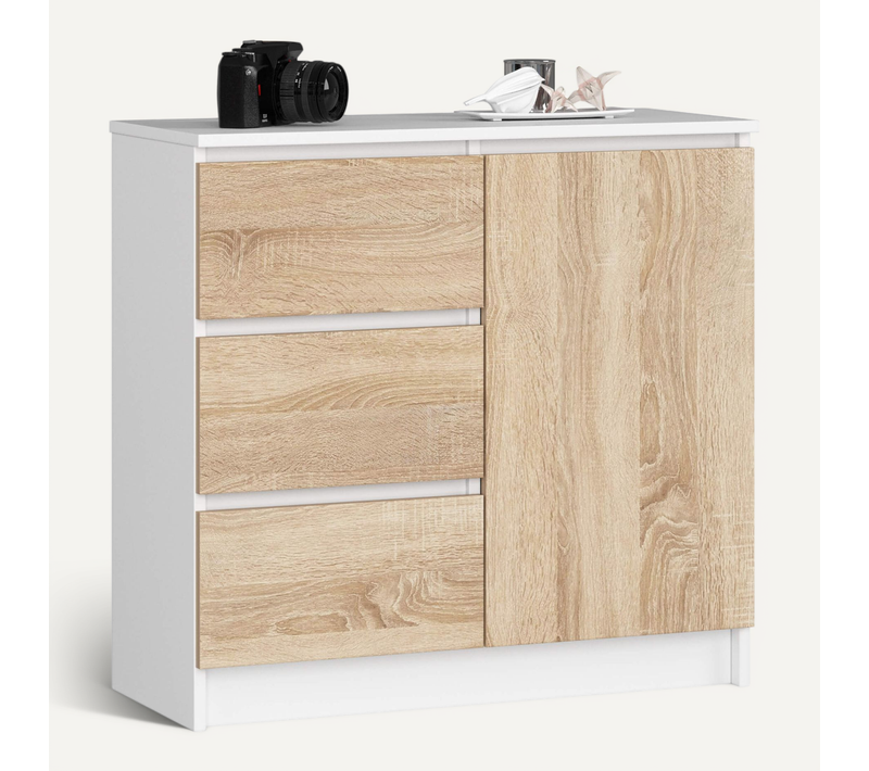 Commode Jerry Blanche 80 Cm 1 Porte 3 Tiroirs Façade Chêne Sonoma 2 étagères 80x35x77 Cm