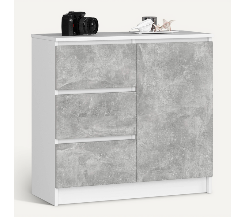 Commode Jerry Blanche 80 Cm 1 Porte 3 Tiroirs Façade Béton 2 étagères 80x35x77 Cm