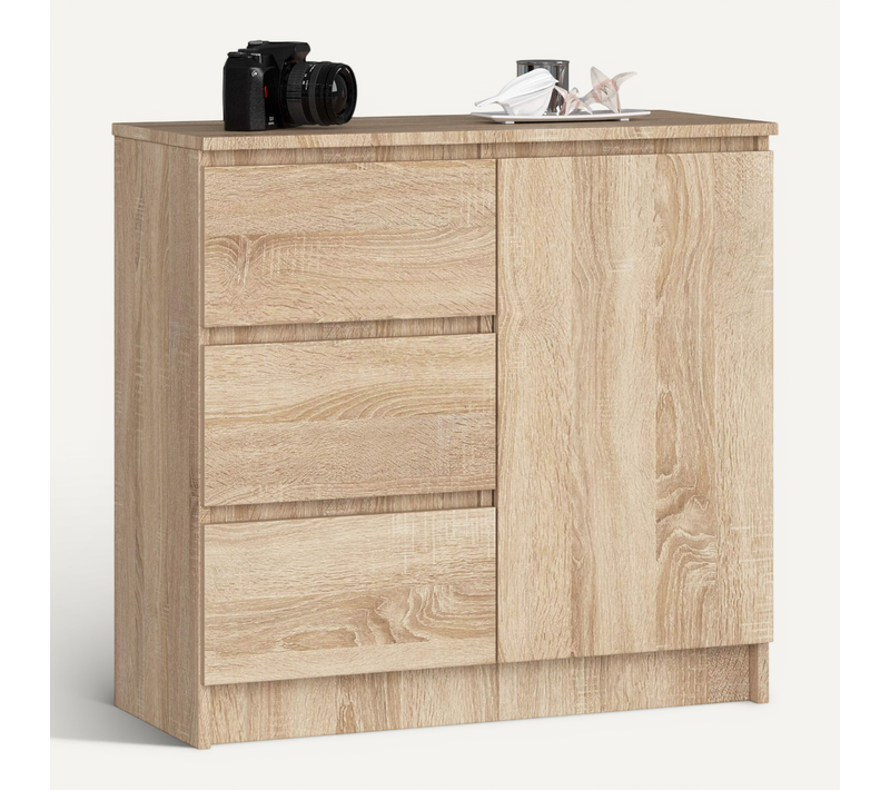 Commode Jerry Chêne Sonoma 80 Cm 1 Porte 3 Tiroirs Façade Chêne Sonoma 2 étagères 80x35x77 Cm
