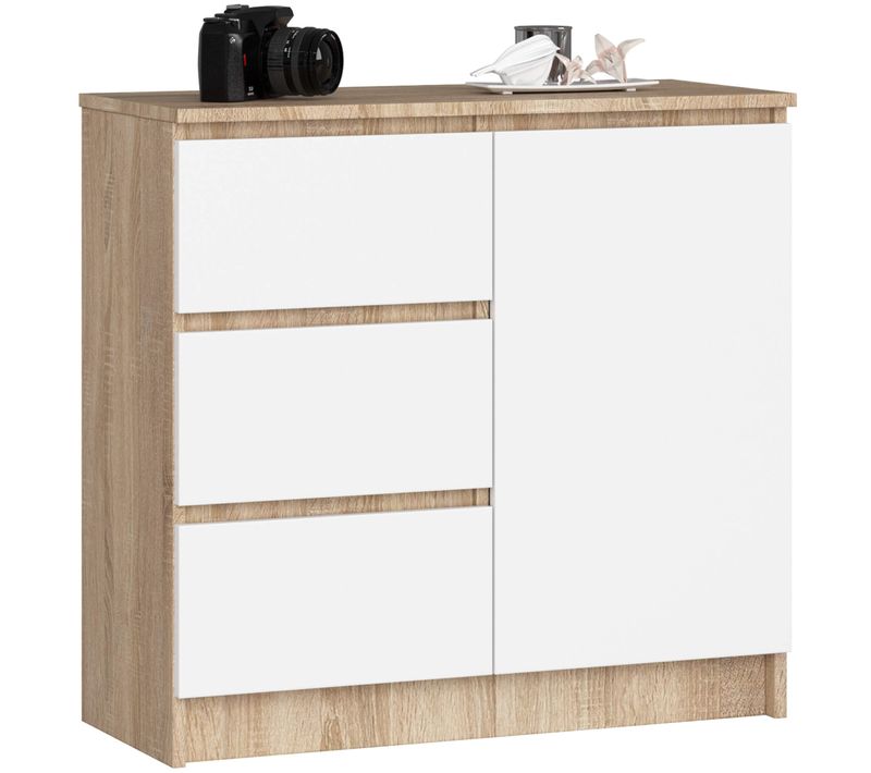 Commode Akord Jerry Chêne Sonoma 80 Cm 1 Porte 3 Tiroirs Façade Blanche 2 étagères 80x35x77 Cm