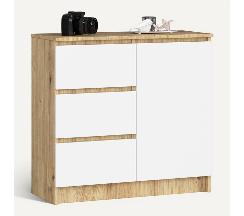Commode Jerry Chêne Artisan 80 Cm 1 Porte 3 Tiroirs Façade Blanche 2 étagères 80x35x77 Cm