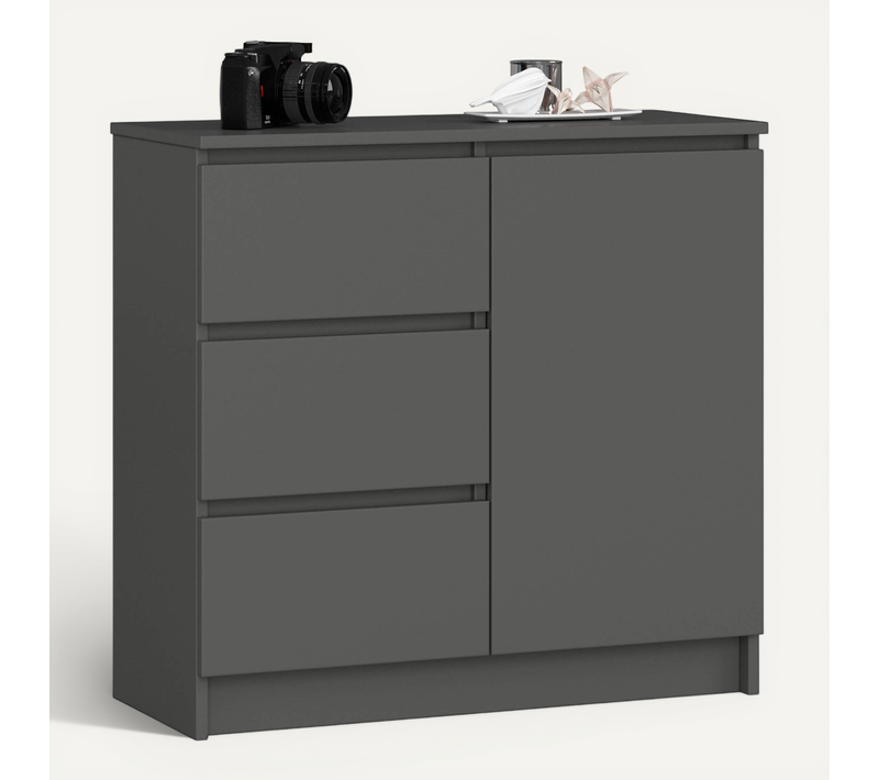 Commode Jerry Gris Graphite 80 Cm 1 Porte 3 Tiroirs Façade Gris Graphite 2 étagères 80x35x77 Cm